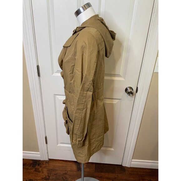 Tory Burch Long Brown Hooded Trench Coat W/ Ruffle Front, Size 6 - Picture 4 of 6